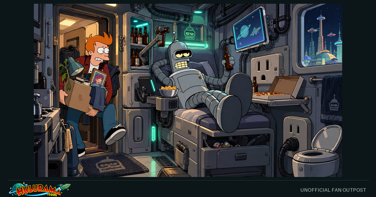 Fry carries a box into a cramped metal room where Bender lounges.