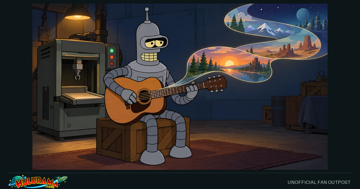Bender plays a guitar beside a fabrication machine and an imagined landscape ribbon.