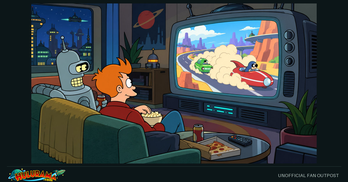 Fry and Bender watch a brightly colored cartoon chase on a retro television.