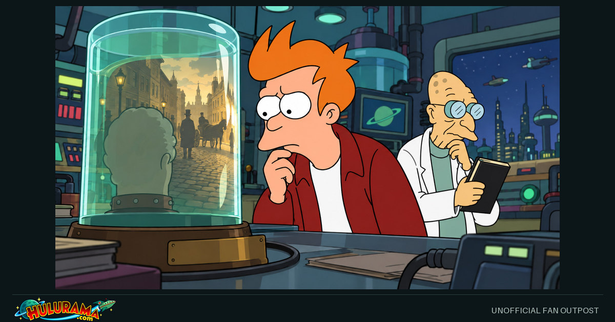 Fry and Farnsworth study a preservation jar containing an impossible city reflection.