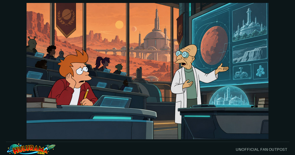 Fry sits at a classroom desk as Farnsworth points to a display beside a red desert window.