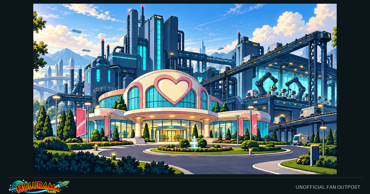 A friendly heart-shaped entrance contrasts with an immense robot factory and conveyors behind it.